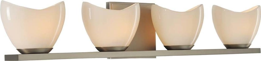 Kalco Vero 4 Light Bath Light Satin Nickel Opal Glass Dimmable: Kalco Vero 4 Light Bath Light Satin Nickel Opal Glass Dimmable Illuminate your bathroom with the Elegant Vero 4 Light Bath Light, designed to blend functionality with style. This transitional-style fi
