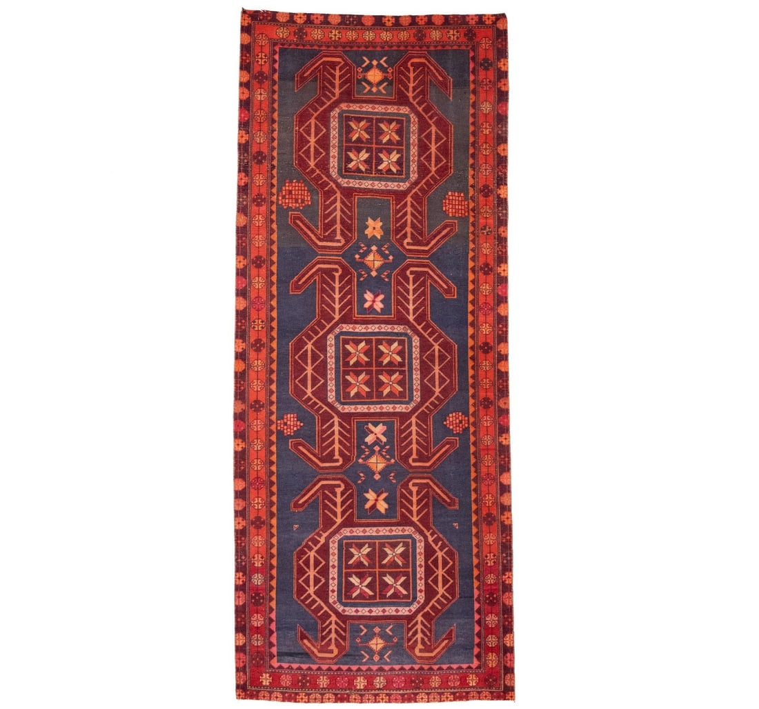 Wool Hand Knotted Tribal Geometric Runner 3'9 x 9'6: Wool Hand Knotted Tribal Geometric Runner 3'9 x 9'6 Enhance your space with this exquisite Semi-Antique Oriental Runner Rug, perfect for kitchens, hallways, or bedrooms. Crafted in Western Asia betwee