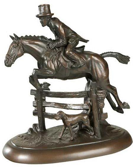 Hand-Crafted Equestrian Huntsman and Horse Sculpture: Hand-Crafted Equestrian Huntsman and Horse Sculpture This item is made at time of order. Please allow 42 to 70 days for production. This exquisite hand-crafted sculpture features a classic jumper hunt