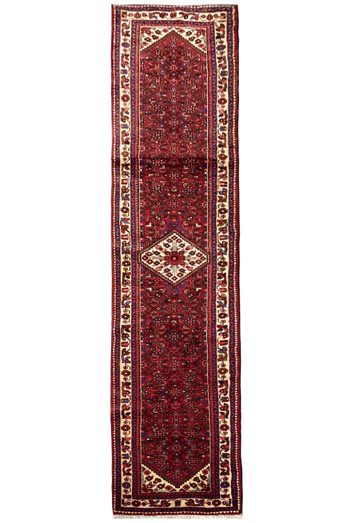 Persian Hamadan 2.11 x 13.5 Feet Diamond Medallion Wool Runner Rug: Persian Hamadan 2.11 x 13.5 Feet Diamond Medallion Wool Runner Rug Free continental US Shipping This Persian Hamadan runner rug features a hand-knotted diamond medallion pattern, showcasing the artist