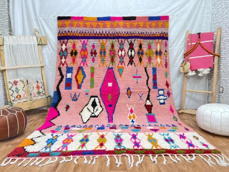 Authentic Handmade Colorful Wool Rug 9 x 5 Feet Morocco: Authentic Handmade Colorful Wool Rug 9 x 5 Feet Morocco Discover the beauty of this elegant handmade colorful wool rug, meticulously handwoven in the Atlas Mountains by skilled local Berber women weav
