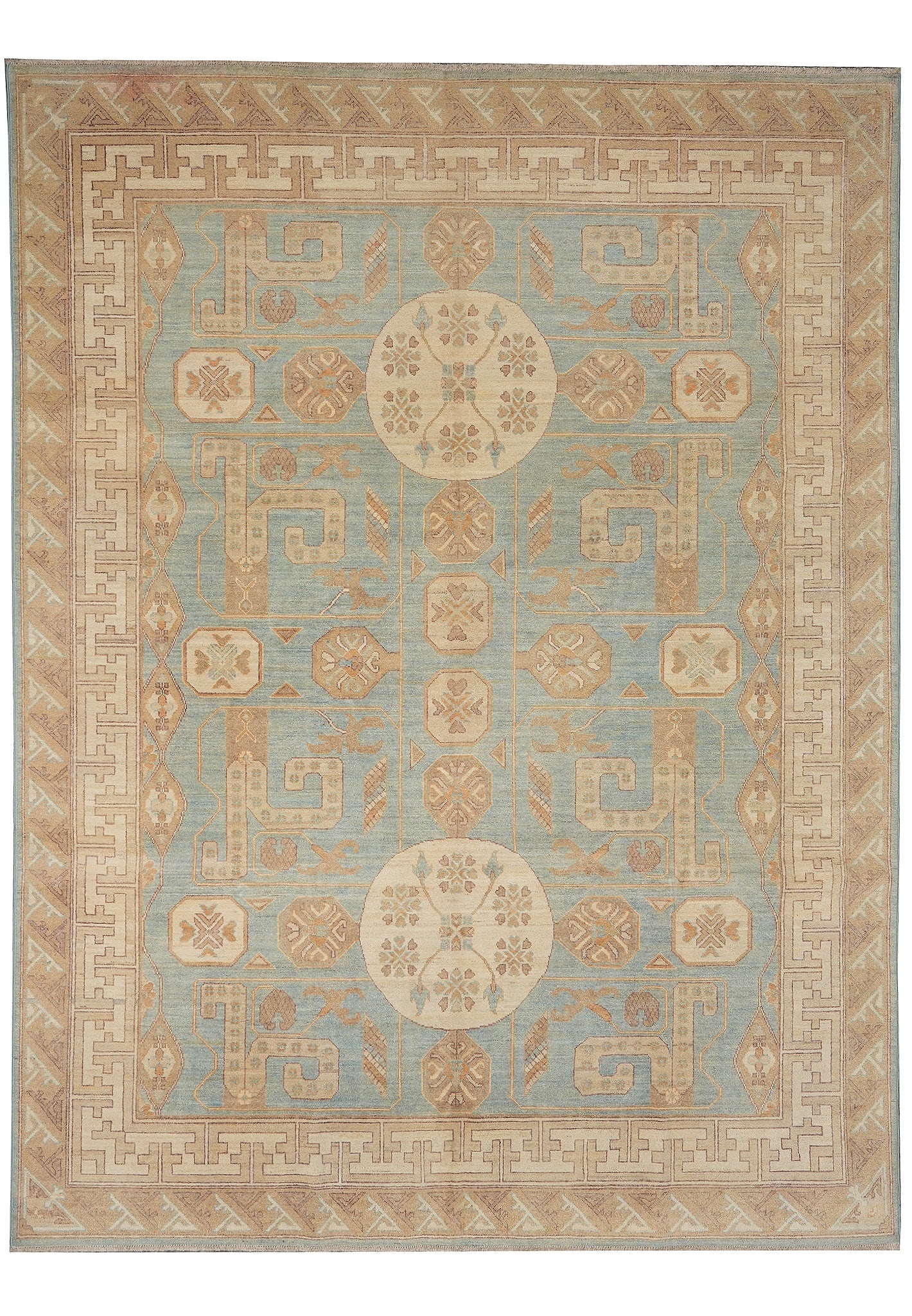 Handmade Chotan Chobi Peshawar Rug 9 x 11.9 Sky Blue Wool Pakistan: Handmade Chotan Chobi Peshawar Rug 9 x 11.9 Sky Blue Wool Pakistan Free continental US Shipping This handmade Chotan Chobi Peshawar area rug features a sky blue field adorned with geometric tan and iv