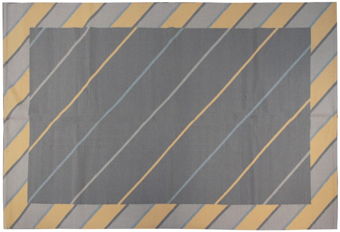 Vintage Scandinavian Wool Flatwoven Kilim Rug 5x8 Grey: Vintage Scandinavian Wool Flatwoven Kilim Rug 5x8 Grey This vintage Scandinavian flatwoven kilim rug features a striking geometric Art Nouveau pattern in shades of grey, yellow, light gray, and light 