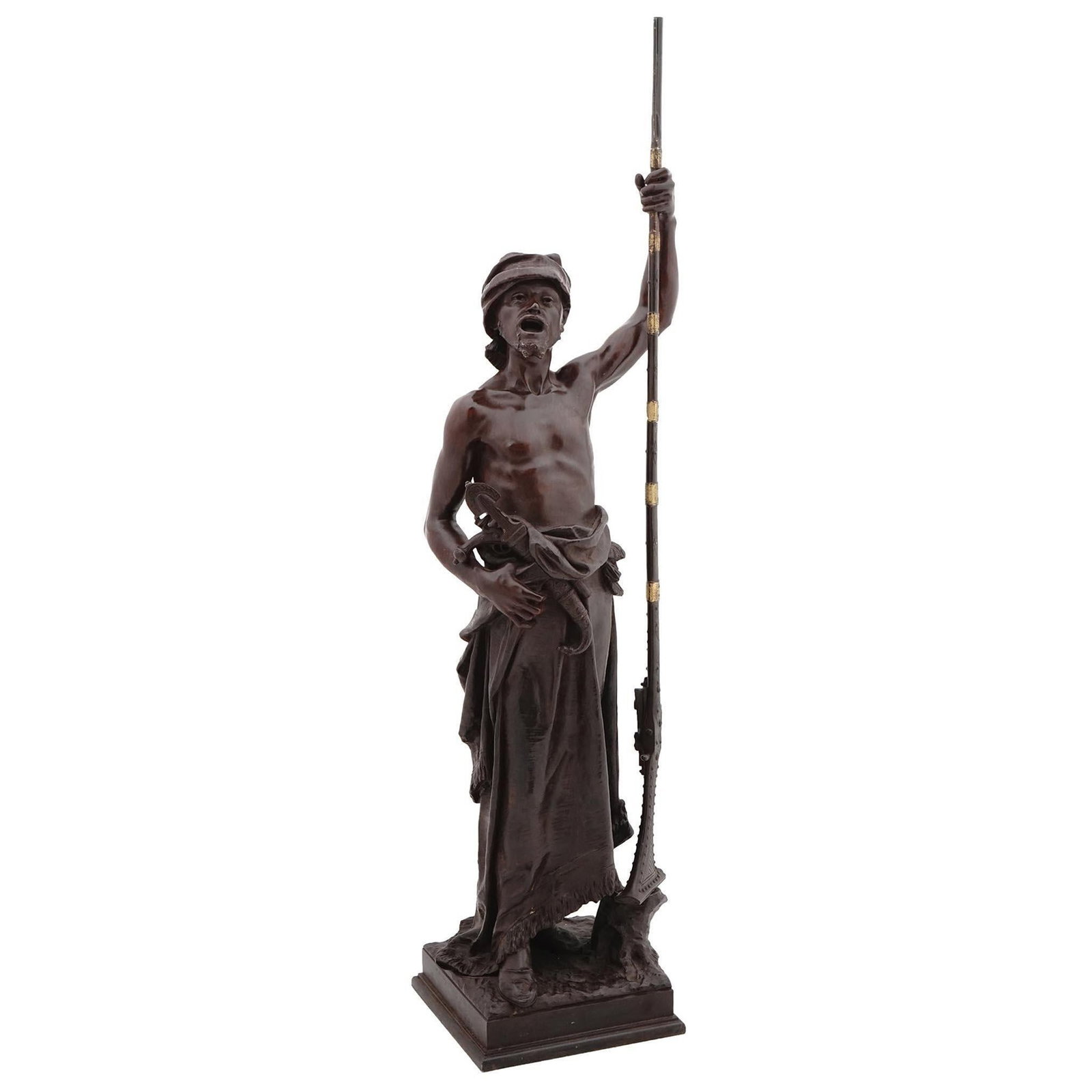 Early 20th Century French Bronze Sculpture After Joaquin Angles: Early 20th Century French Bronze Sculpture After Joaquin Angles This French Orientalist sculpture from the early 20th century depicts an Arabian soldier standing guard with a rifle. Cast in bronze wit