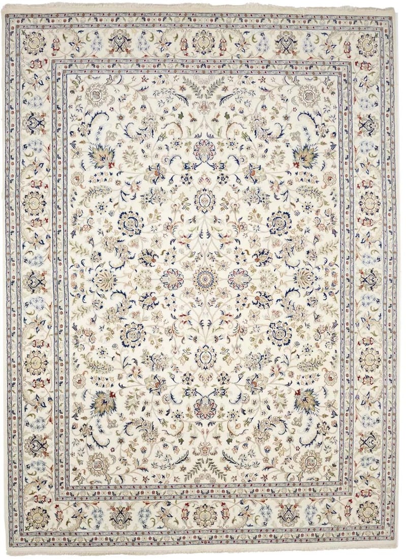 Hand-Knotted Wool and Silk Floral Indo-Nain Area Rug 8'10 x 12'2: Hand-Knotted Wool and Silk Floral Indo-Nain Area Rug 8'10 x 12'2 This handmade Indo-Nain area rug features a traditional floral pattern in a blend of cream, buff, red, dark navy, light grey, green, ta