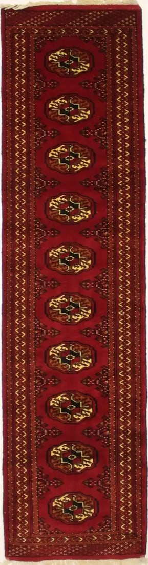 Hand-Knotted Wool Tribal Runner Rug 2'4 x 9'2: Hand-Knotted Wool Tribal Runner Rug 2'4 x 9'2 Enhance your space with this stunning handmade tribal oriental runner rug, perfect for narrow hallways or kitchens. This vintage-style carpet features a v