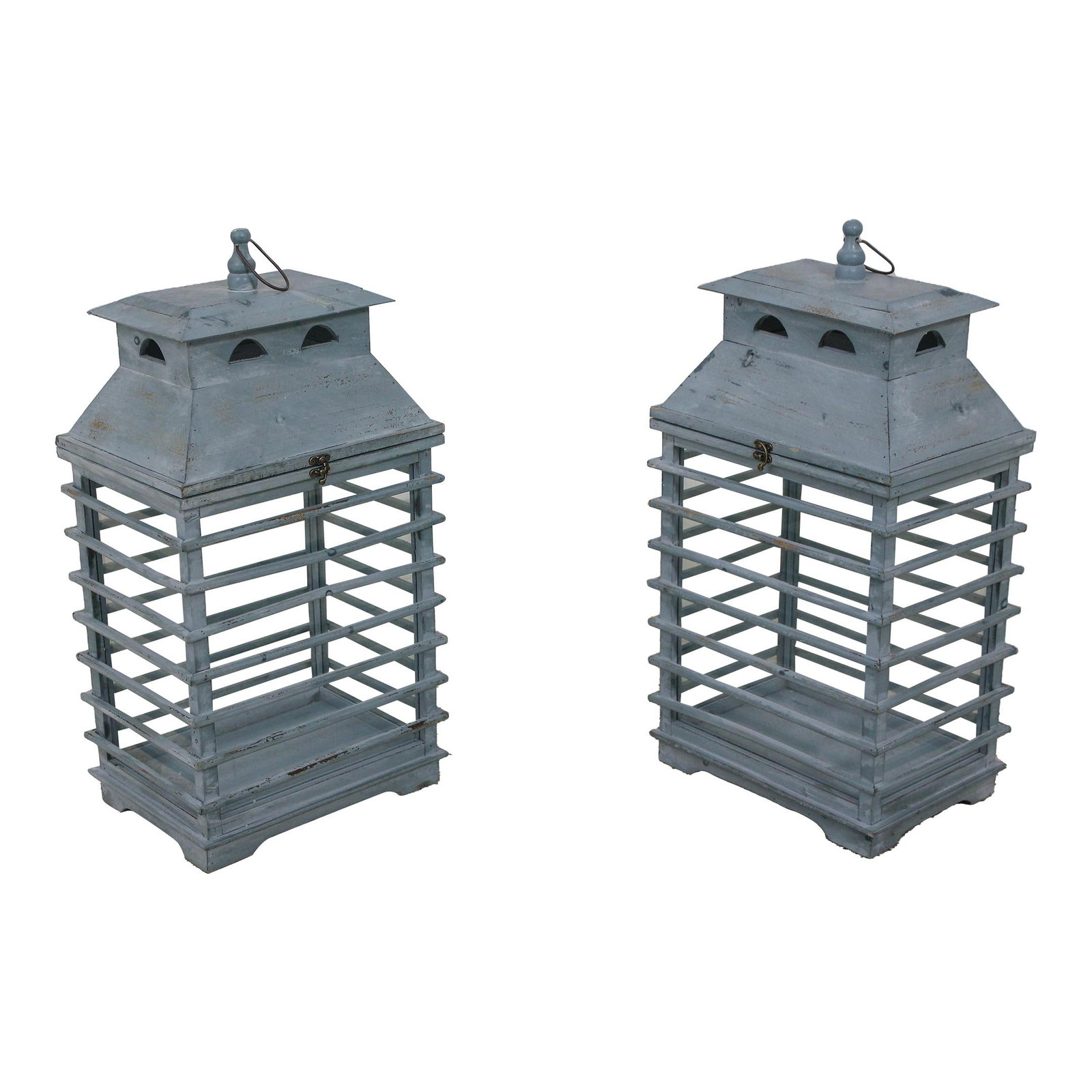 Elegant Pair of Distressed Blue Glass Lanterns 28 Inches Tall: Elegant Pair of Distressed Blue Glass Lanterns 28 Inches Tall This pair of modern decorative lanterns features a charming distressed blue finish, accentuated by glass panels that beautifully display t