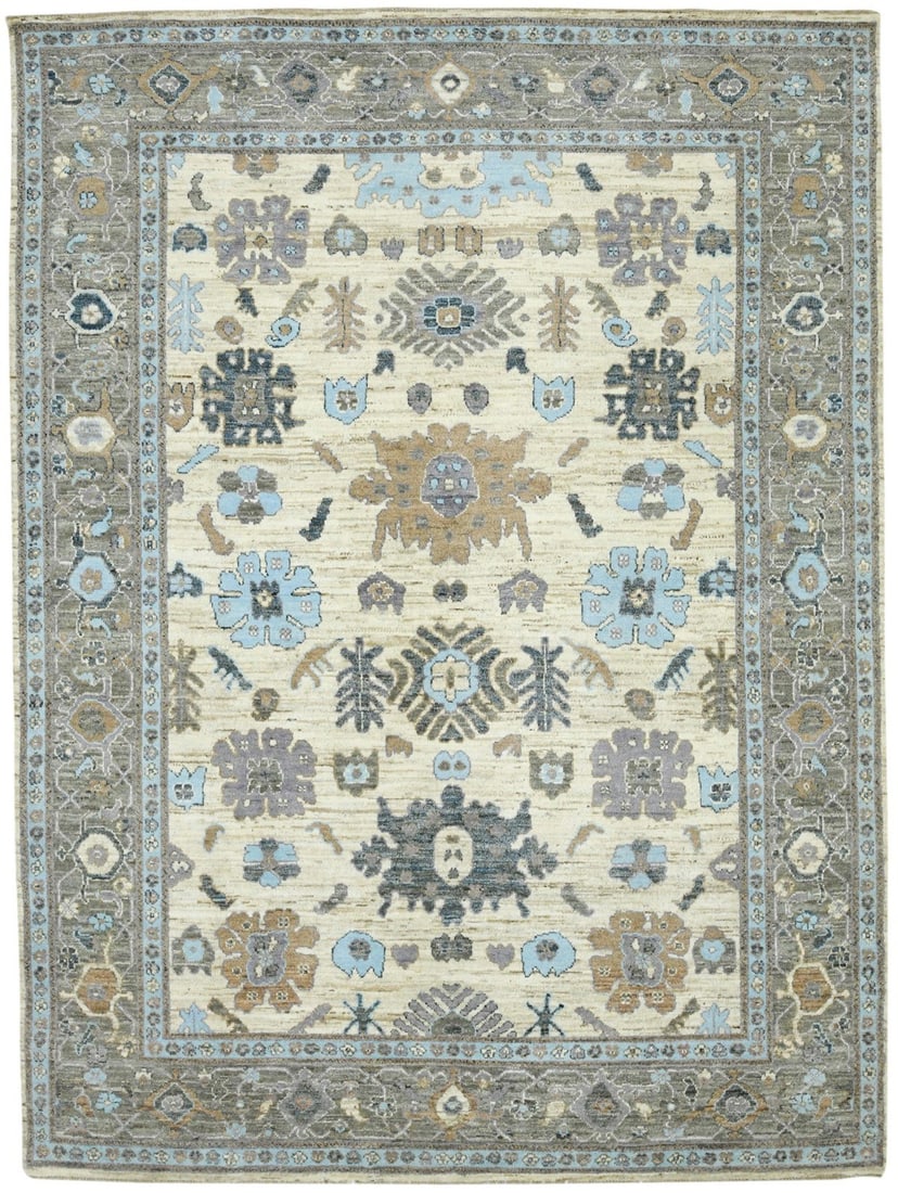 Hand-Knotted Wool Floral Area Rug 9'3 x 12'8 Pakistan Vintage Inspired: Hand-Knotted Wool Floral Area Rug 9'3 x 12'8 Pakistan Vintage Inspired Enhance your living space with this exquisite Vintage-Style Peshawar Oushak Oriental Rug, expertly handmade in Pakistan. This stu