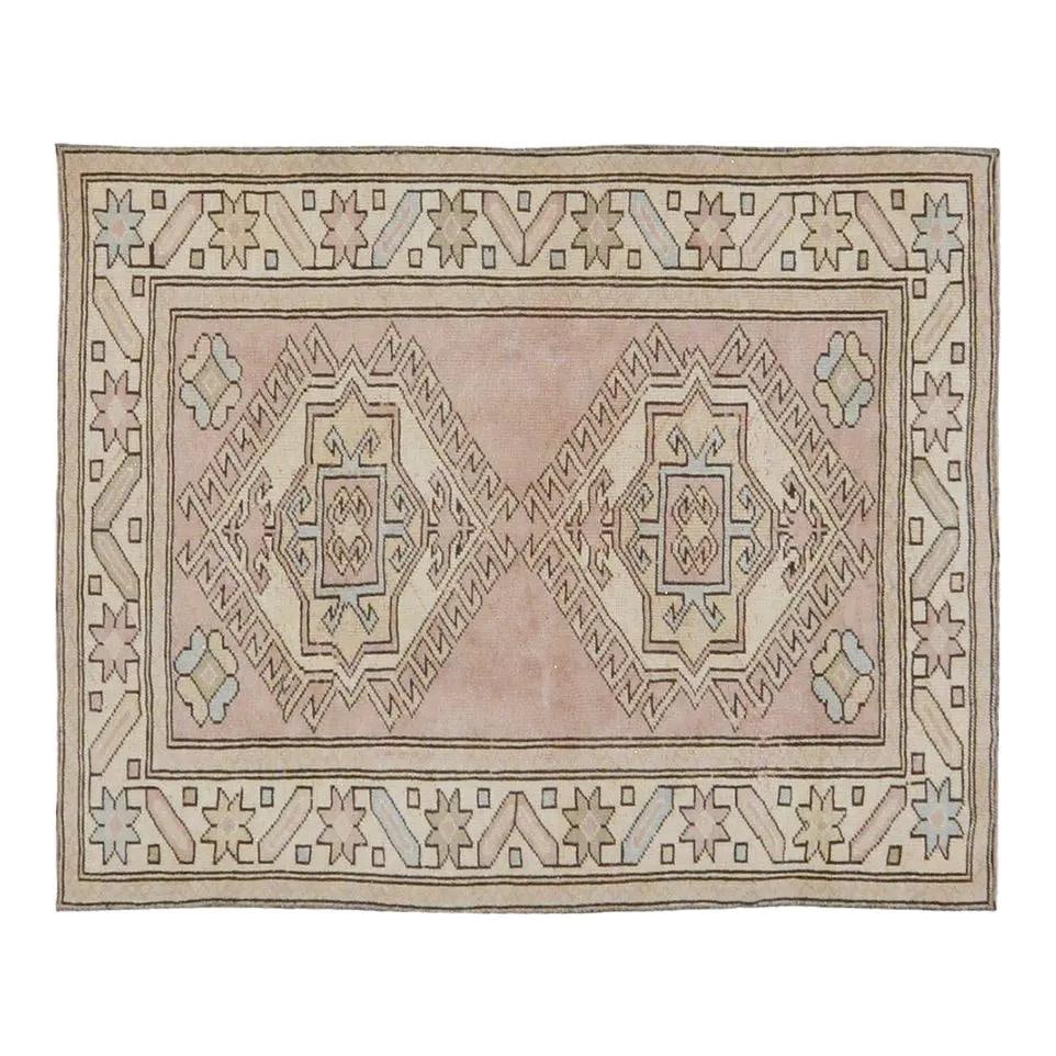 Hand-Knotted Anatolian Wool Rug in Tan 3'5'' x 4'3'': Hand-Knotted Anatolian Wool Rug in Tan 3'5'' x 4'3'' This vintage Turkish Anatolian rug is hand-knotted from wool using traditional techniques. It features a blend of classic craftsmanship and modern 