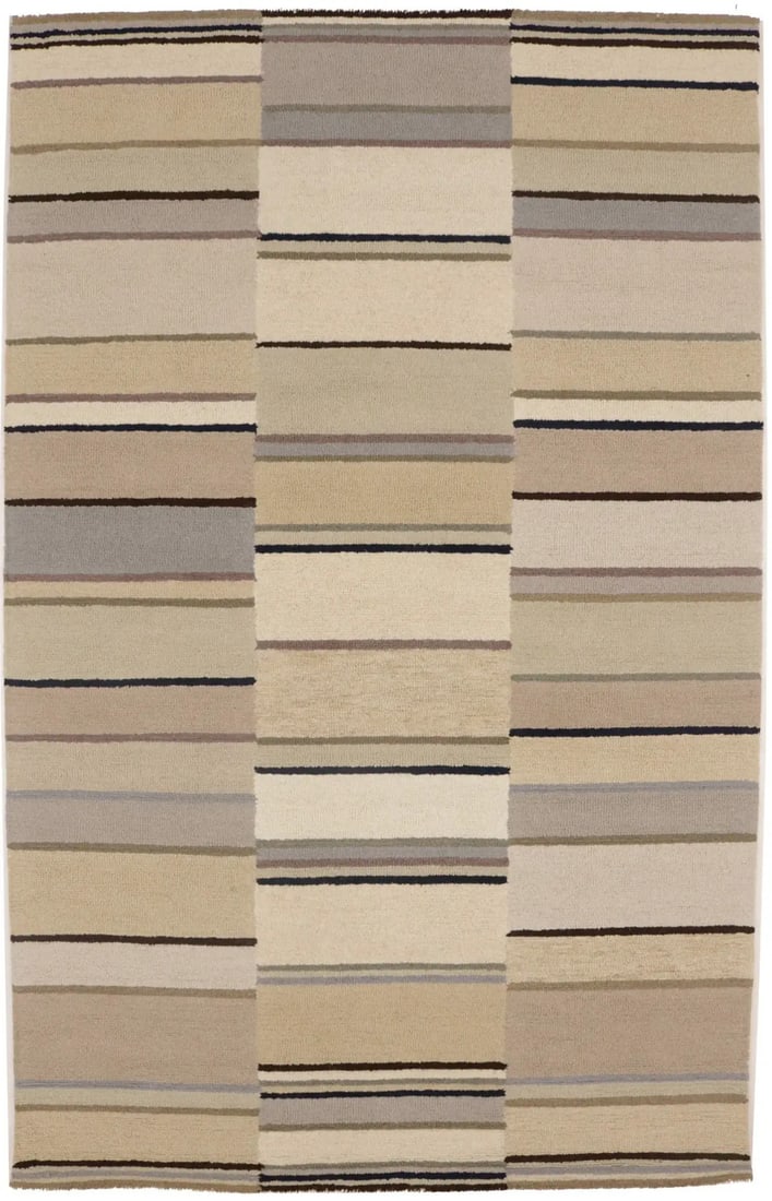 5x8 Wool Striped Modern Hand-Tufted Multicolor Area Rug from India: 5x8 Wool Striped Modern Hand-Tufted Multicolor Area Rug from India This modern area rug features multicolored stripes and is hand-tufted from wool, offering a contemporary look suitable for bedrooms a