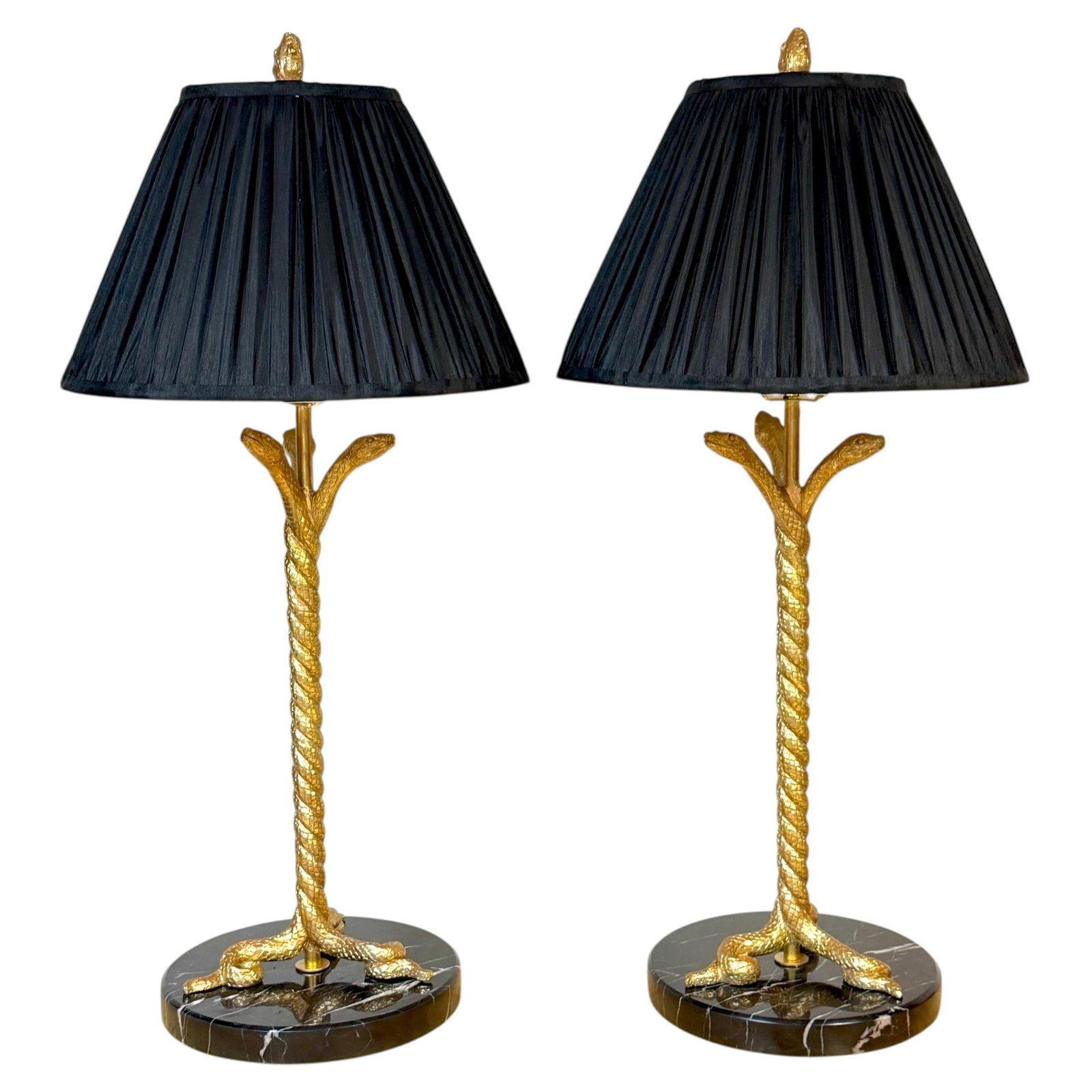Set of Two Italian Gilt Serpent Table Lamps with Marble Bases: Set of Two Italian Gilt Serpent Table Lamps with Marble Bases This pair of Italian Neoclassical-style table lamps features three intertwined gilt metal serpents rising in a helical design from substan