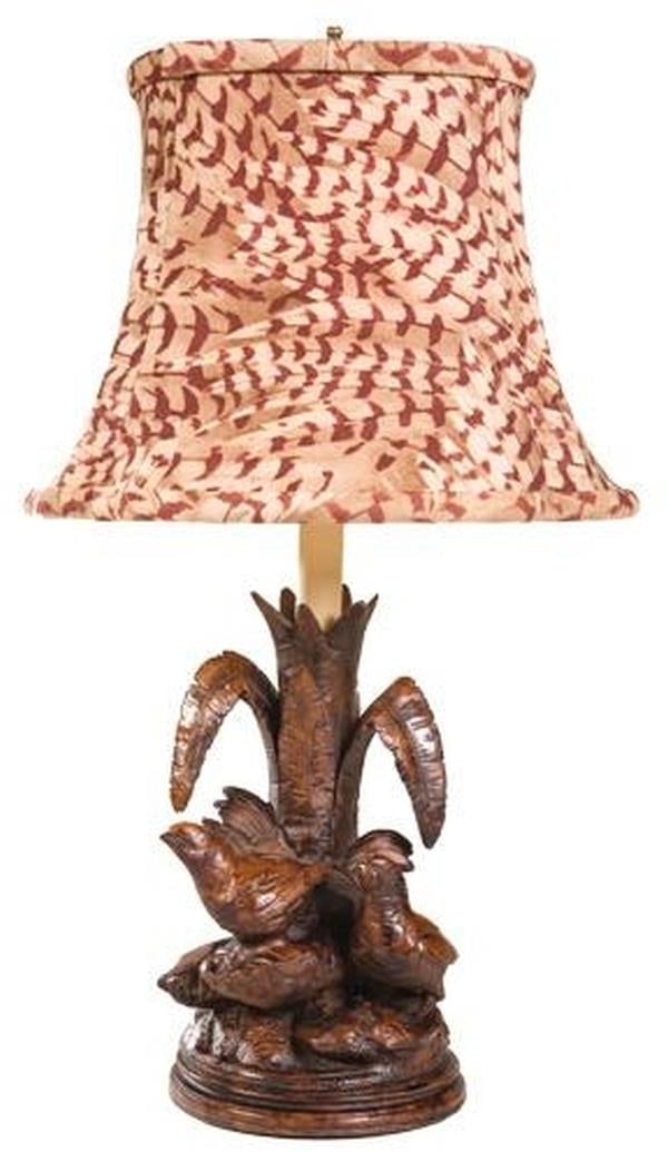 Rustic Three Quail Birds Table Lamp with Feather Shade: Rustic Three Quail Birds Table Lamp with Feather Shade This item is made at time of order. Please allow 42 to 70 days for production. Illuminate your space with this charming Quaint Three Quail Birds 