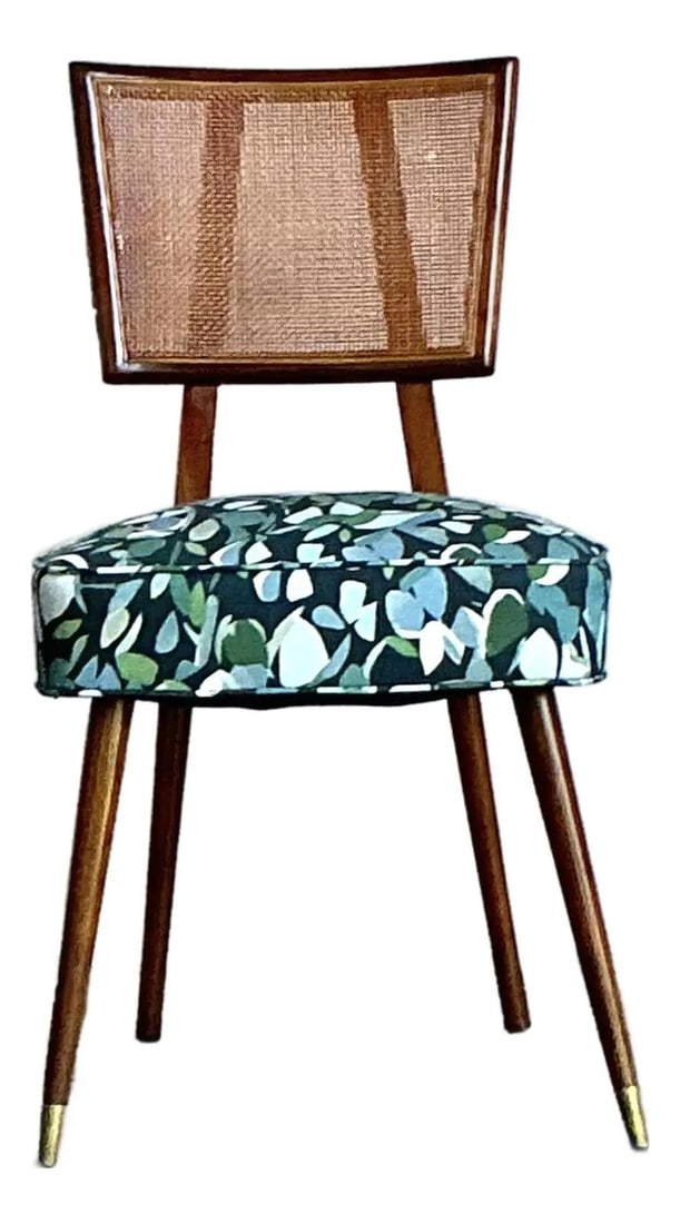Mid-Century Modern Walnut and Cane Dining Chair with Botanical Upholstery (1 of 10)