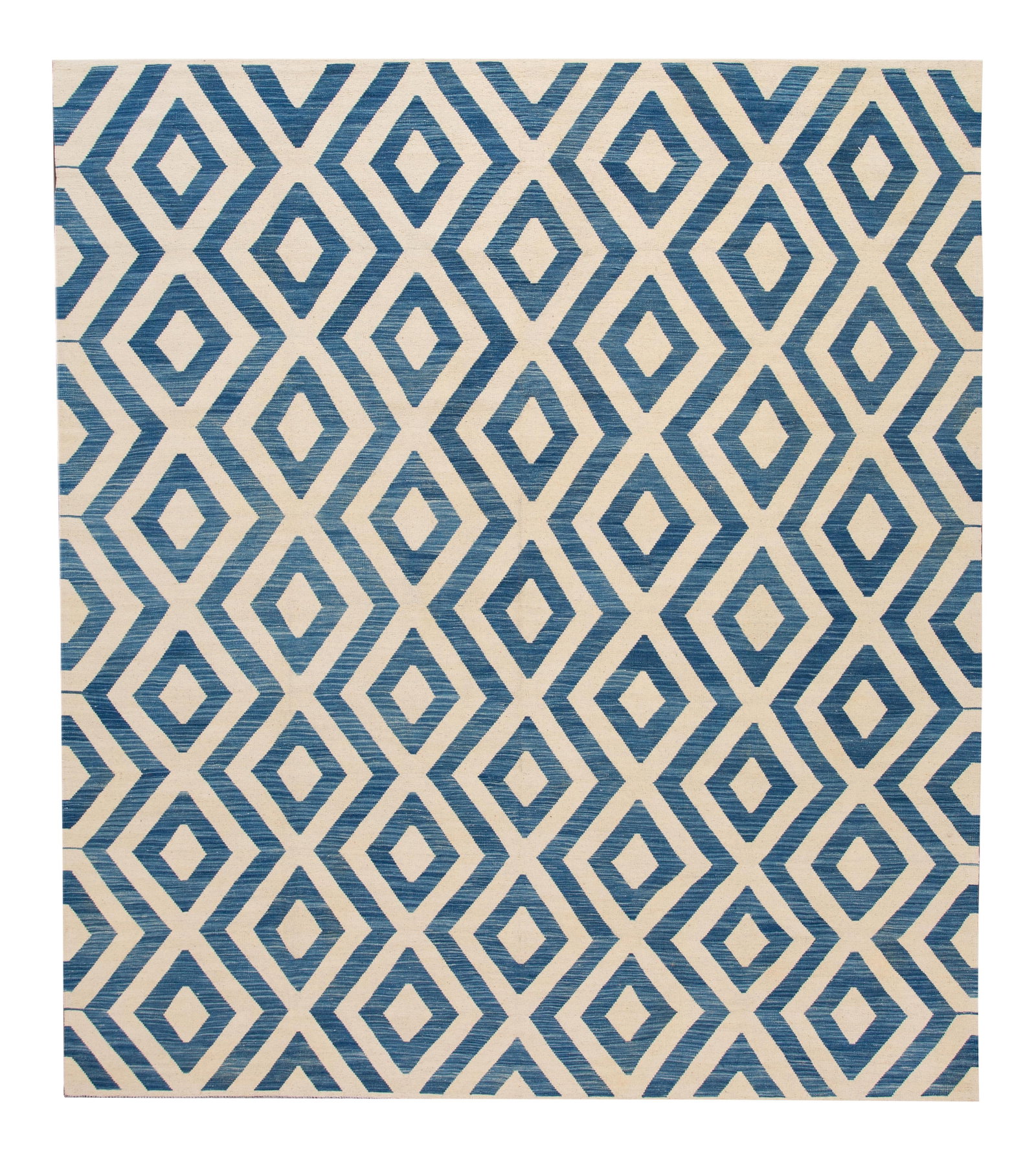 Stunning Hand-Knotted Kilim Wool Rug with Geometric Design 10'7 x 12'1: Stunning Hand-Knotted Kilim Wool Rug with Geometric Design 10'7 x 12'1 Elevate your living space with this stunning hand-knotted contemporary Kilim wool rug. Featuring a warm tan field adorned with tu