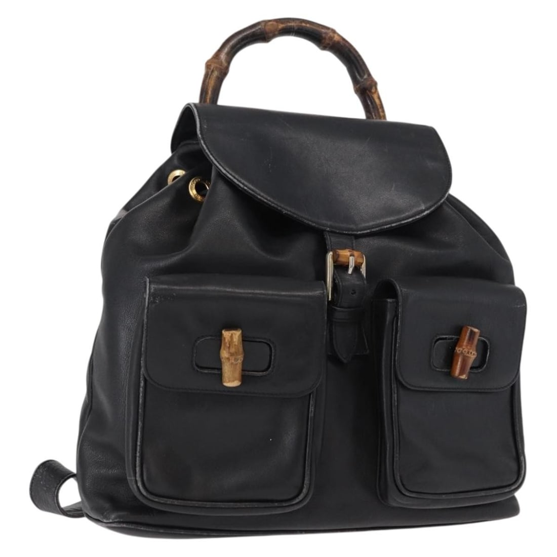 GUCCI Bamboo Leather Backpack Black Gold 003 2058 0016 Authentic: GUCCI Bamboo Leather Backpack Black Gold 003 2058 0016 Authentic This authentic GUCCI Bamboo Backpack combines luxury and practicality, featuring a striking black leather exterior accented with gold d