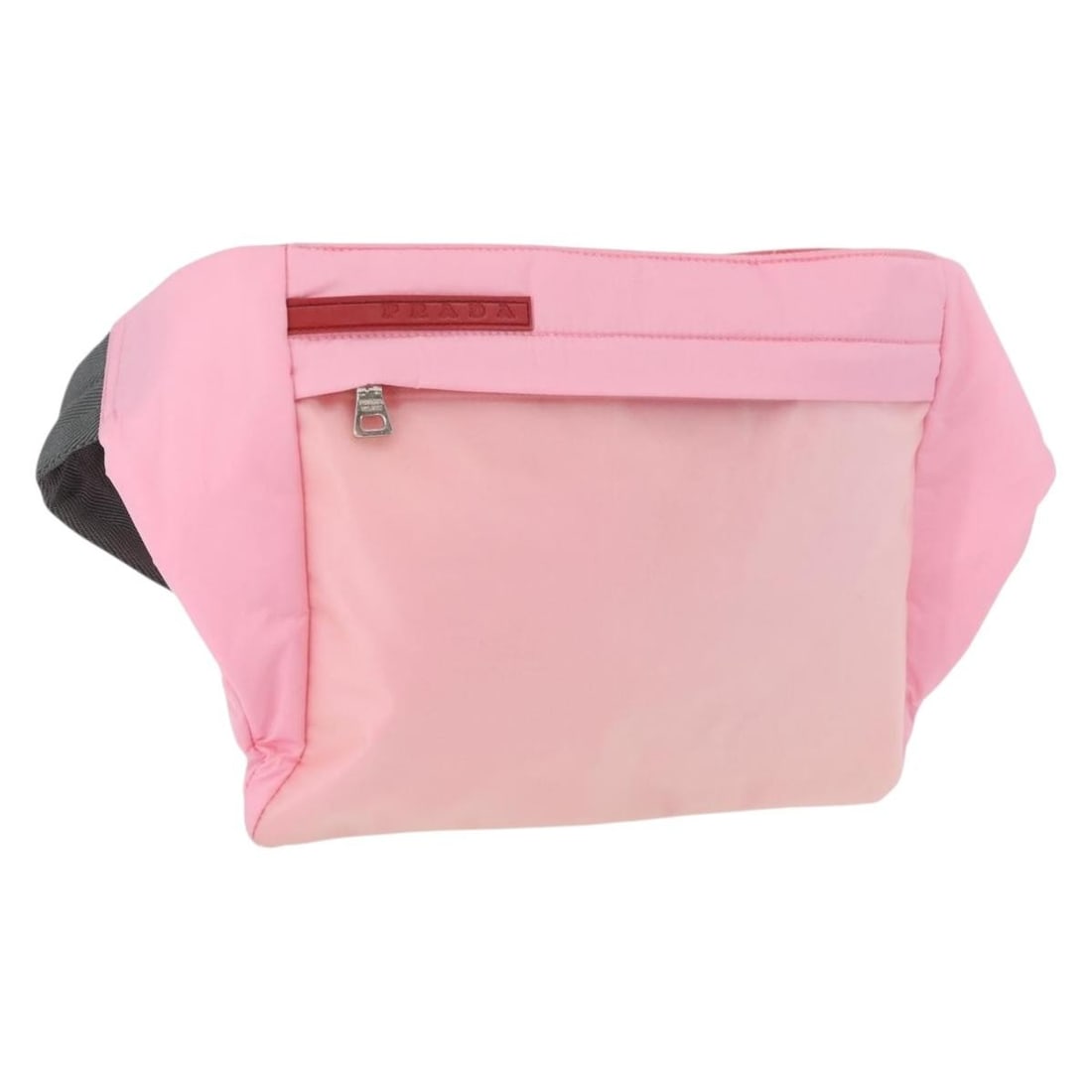 Prada Pink Silver Nylon Body Bag with Guarantee Card: Prada Pink Silver Nylon Body Bag with Guarantee Card This PRADA Sports body bag is crafted from durable nylon in a striking pink and silver color combination. Designed for women, it features a compact