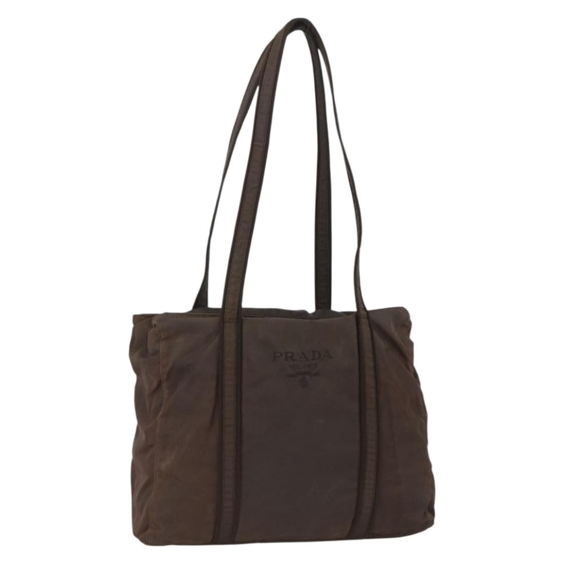 Prada Brown Nylon Tote Bag with Silver Tone Accents and Guarantee Card: Prada Brown Nylon Tote Bag with Silver Tone Accents and Guarantee Card This PRADA tote bag features a brown and silver color scheme and is crafted from durable nylon. Designed for women, it offers amp
