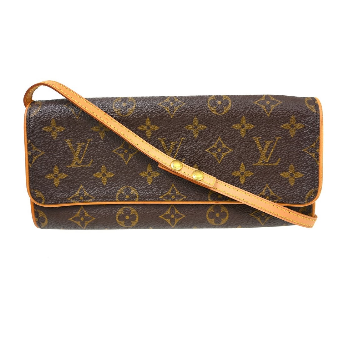Louis Vuitton Pochette Twin GM Monogram Canvas Crossbody Purse M51852: Louis Vuitton Pochette Twin GM Monogram Canvas Crossbody Purse M51852 Vintage Louis Vuitton Pochette Twin GM crossbody bag in brown Monogram canvas with leather trim and a beige Alcantara lining. This