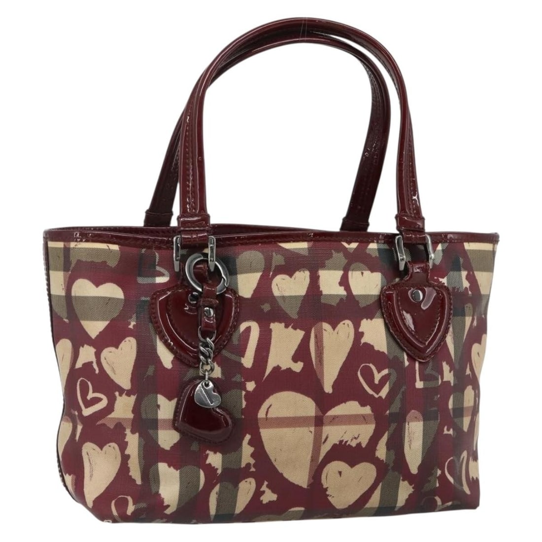 Burberry PVC Leather Beige Silver Tote Bag with Charm: Burberry PVC Leather Beige Silver Tote Bag with Charm This BURBERRY tote bag features a beige and silver design crafted from durable PVC leather. Designed for women, it offers a spacious main compartm