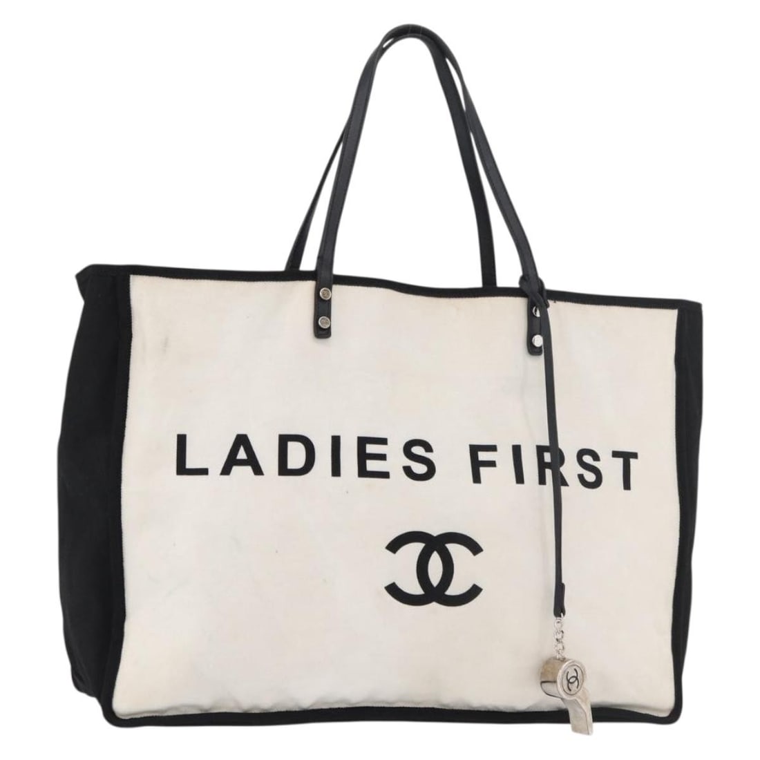 CHANEL Ladies First canvas tote handbag white silver CC: CHANEL Ladies First canvas tote handbag white silver CC Chanel ladies tote bag in white and silver canvas, made in Italy. This heavily used bag shows visible wear throughout, including loss of shape, 