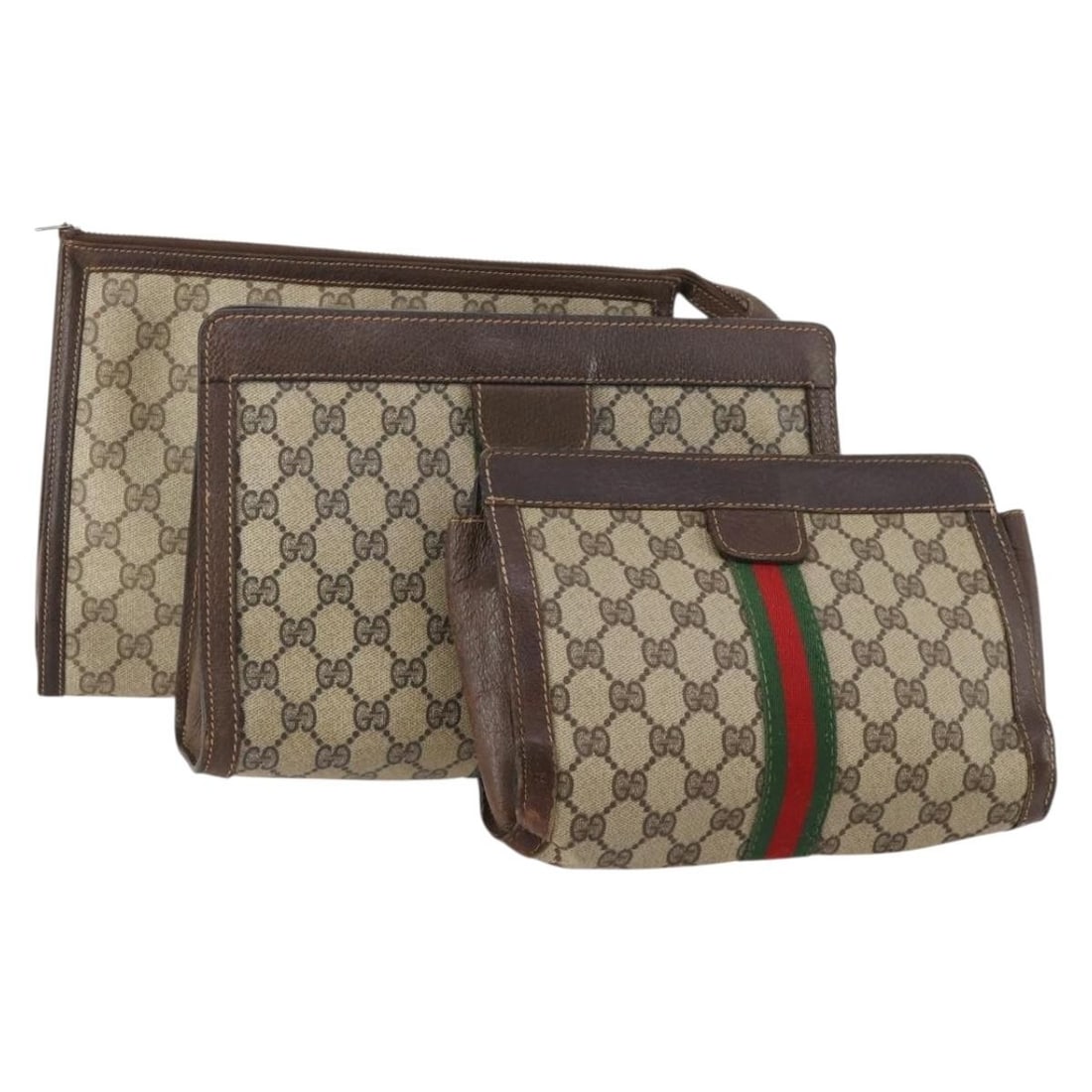Set of 3 Gucci Sherry Line GG Supreme PVC Clutch Bags Beige Navy: Set of 3 Gucci Sherry Line GG Supreme PVC Clutch Bags Beige Navy Authentic Gucci GG Supreme Web Sherry Line clutch bag set in beige and navy. This special set sale includes the photographed items only