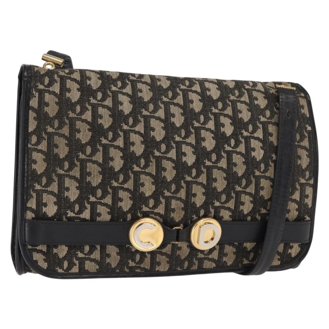 Black and Gold Dior Trotter Canvas Shoulder Bag from France: Black and Gold Dior Trotter Canvas Shoulder Bag from France This Christian Dior Trotter Canvas shoulder bag features a black and gold color scheme with the iconic Trotter canvas exterior. Designed in 