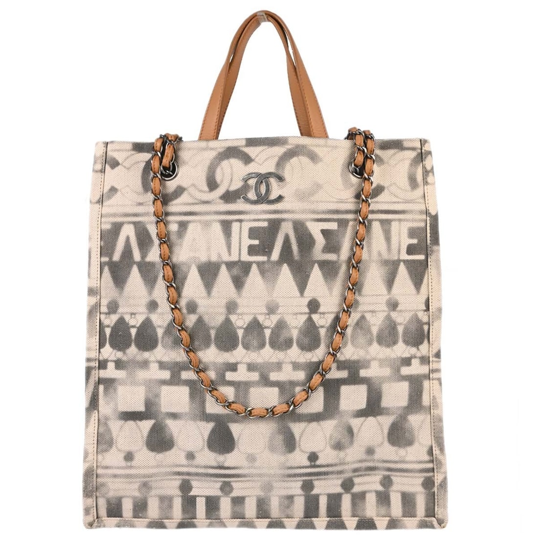 CHANEL Cruise Coco Perfume 2way Beige Canvas Tote Bag: CHANEL Cruise Coco Perfume 2way Beige Canvas Tote Bag Chanel Cruise Coco Perfume 2way tote handbag in beige canvas with brown leather trim and double handles. This large women's tote features a magnet