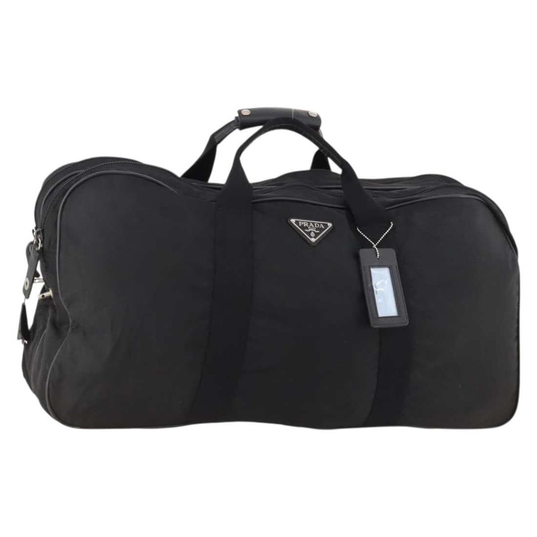 Black Nylon Boston Handbag with Silver Hardware by Prada: Black Nylon Boston Handbag with Silver Hardware by Prada This is a PRADA Boston Bag crafted from black nylon with silver-tone accents. Designed for women, the bag is made in Italy and features dual ha