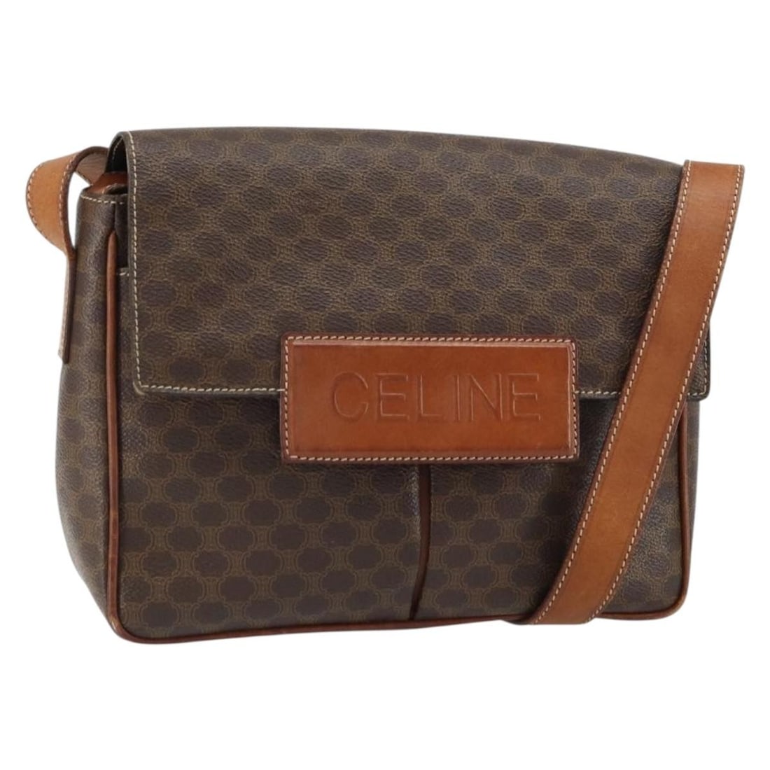 Celine Macadam Brown PVC Leather Shoulder Bag with Gold Accents: Celine Macadam Brown PVC Leather Shoulder Bag with Gold Accents This CELINE shoulder bag features the iconic Macadam canvas with PVC leather accents in brown and gold tones. Made in Italy, the bag off