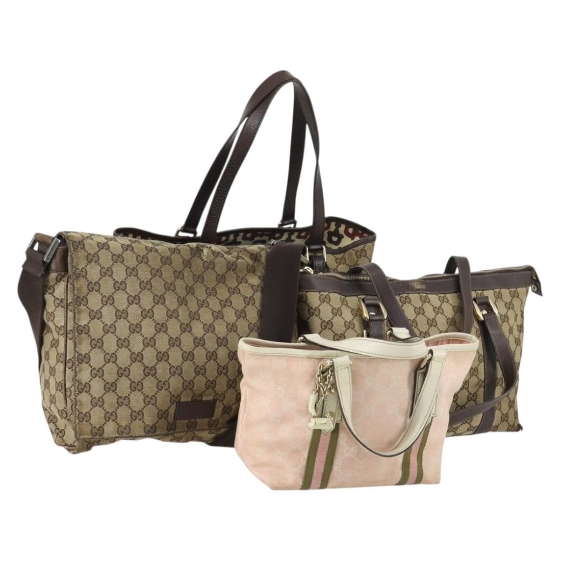 Set of 4 Gucci GG Canvas Beige Pink Sherry Line Shoulder Bags with Charm: Set of 4 Gucci GG Canvas Beige Pink Sherry Line Shoulder Bags with Charm This is a set of four authentic Gucci Sherry Line shoulder bags crafted from GG canvas in beige and pink. Each bag features the