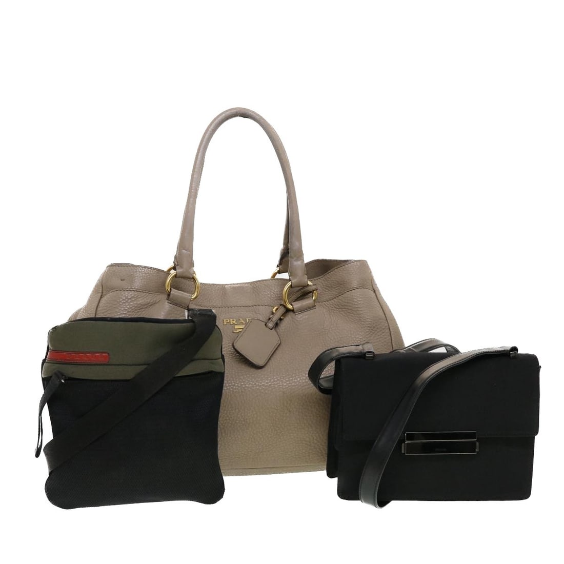 Prada leather nylon shoulder handbag black gray set: Prada leather nylon shoulder handbag black gray set This PRADA women's set includes three hand and shoulder bags crafted from leather and nylon in black and gray tones. Each bag features a name tag ac