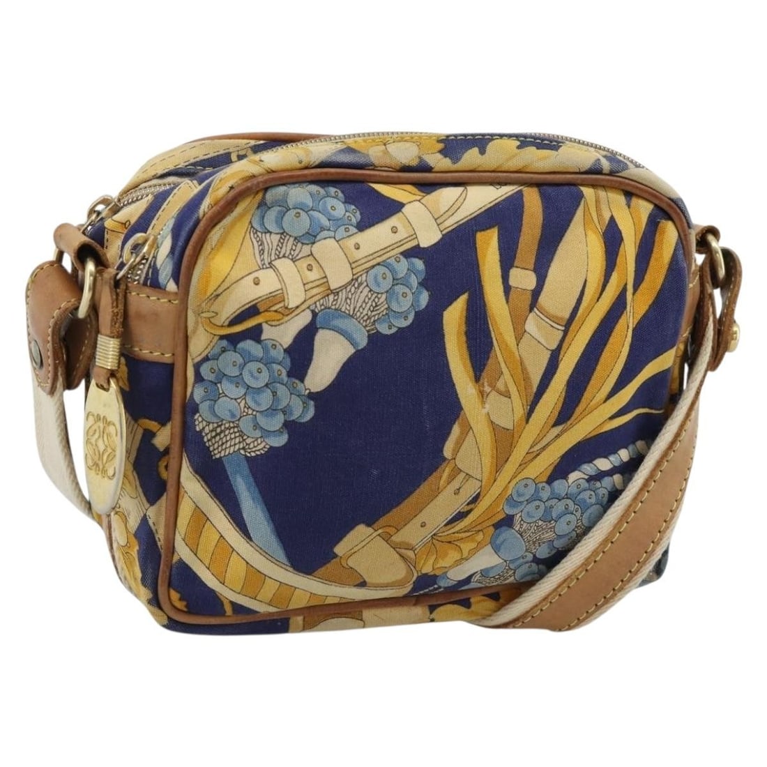 LOEWE Blue Gold Canvas Shoulder Bag Italy Women: LOEWE Blue Gold Canvas Shoulder Bag Italy Women This LOEWE shoulder bag is crafted from blue and gold canvas and features a compact, structured silhouette. Designed for women, it includes a long shoul