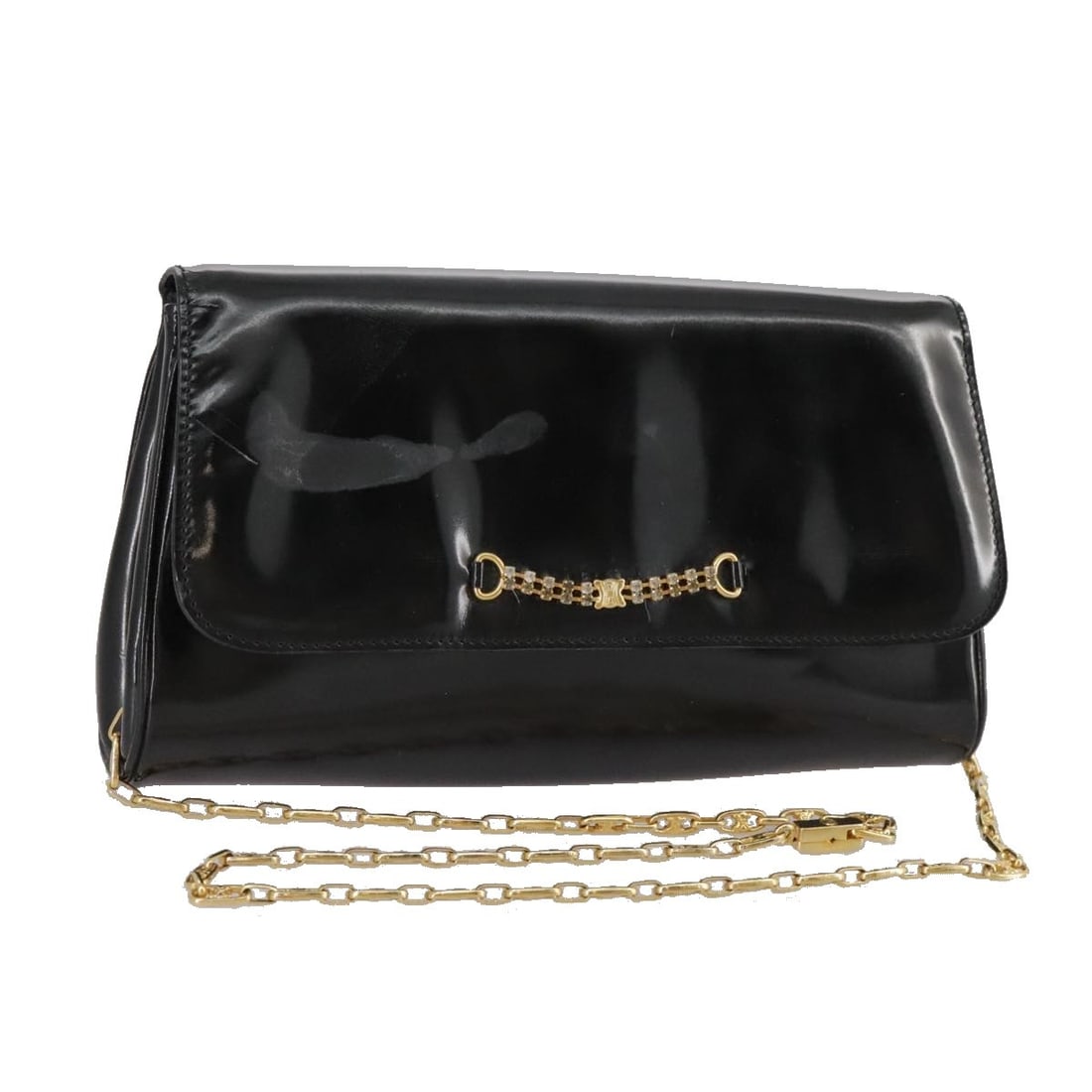 Celine black patent leather chain shoulder bag Italy: Celine black patent leather chain shoulder bag Italy This CELINE chain shoulder bag is crafted from black patent leather and features a sleek, structured silhouette. Designed for women, it offers a co