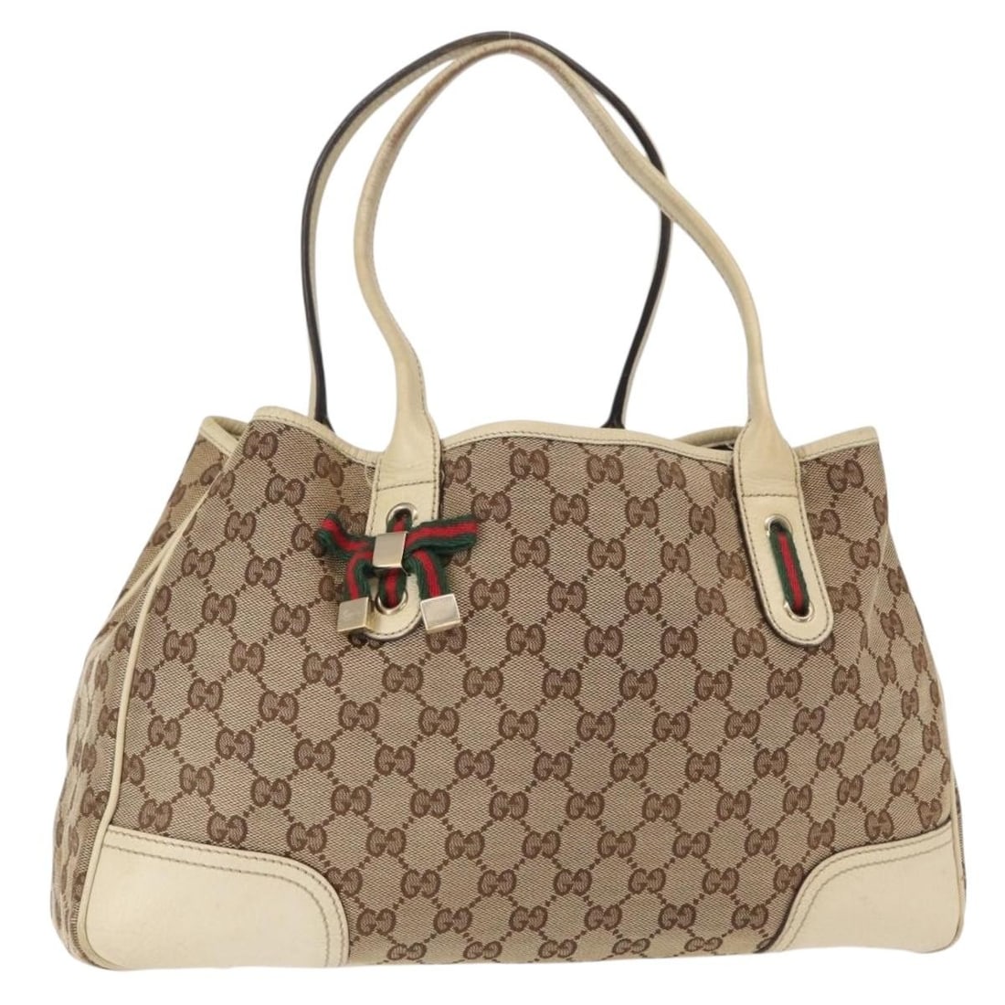 GUCCI GG Canvas Web Sherry Tote Bag Beige Gold 163805 Auth Italy: GUCCI GG Canvas Web Sherry Tote Bag Beige Gold 163805 Auth Italy This GUCCI GG Canvas Web Sherry Line Pretty Tote Bag is a luxurious accessory that showcases the brand's iconic style. Crafted in Italy