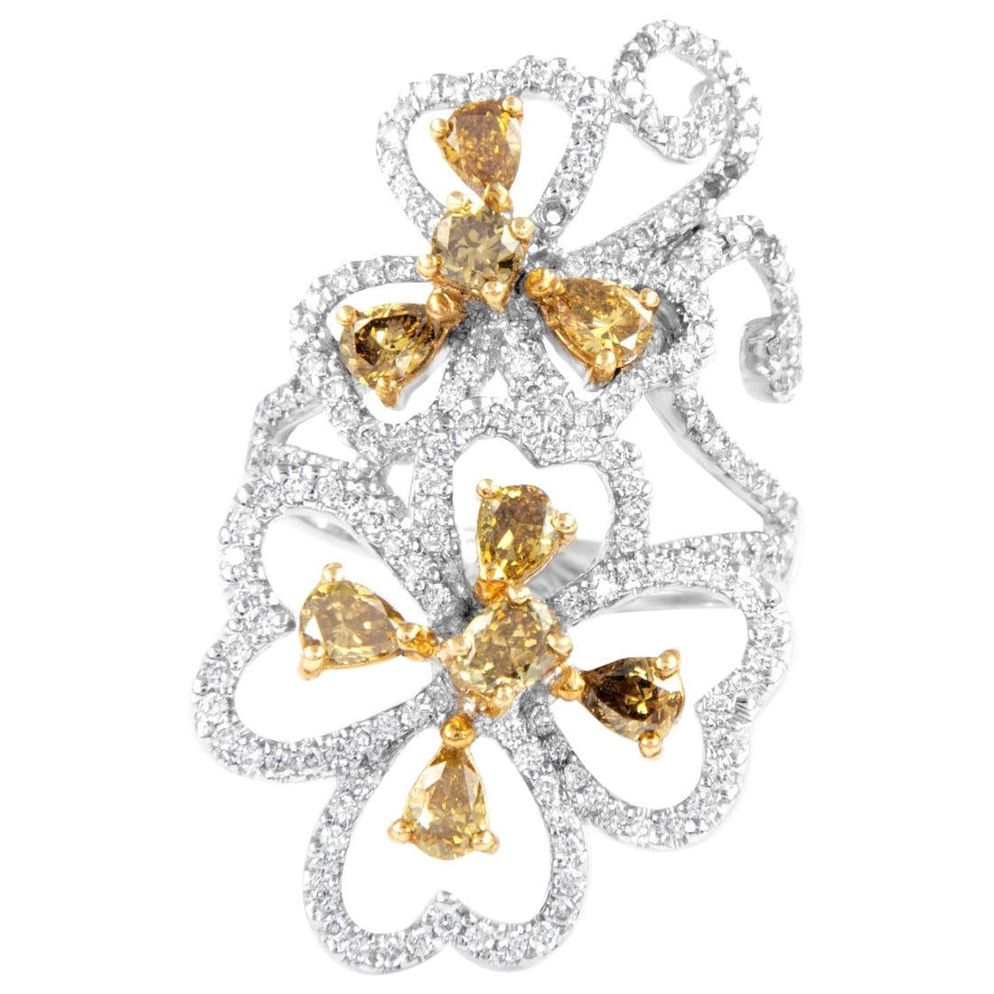 2.01ct Fancy Yellowish Brown Heart Cut Diamond Floral Ring 18k Gold: 2.01ct Fancy Yellowish Brown Heart Cut Diamond Floral Ring 18k Gold This stunning floral ring showcases a beautiful arrangement of diamonds, featuring a total weight of 2.01 carats. The centerpiece is