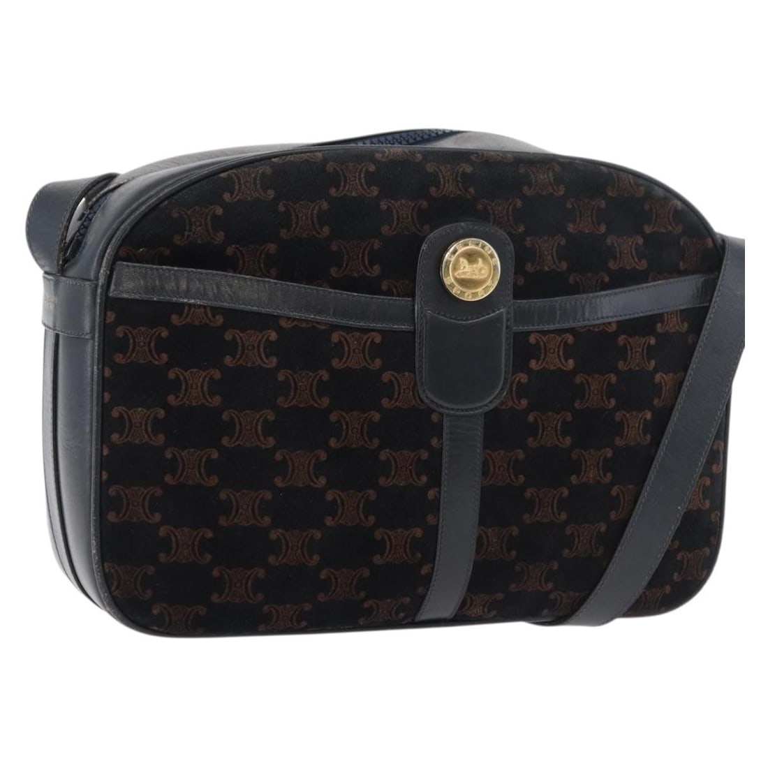CELINE Macadam Canvas Black Gold Shoulder Bag: CELINE Macadam Canvas Black Gold Shoulder Bag This CELINE Macadam Canvas Medallion shoulder bag features a classic black and gold color scheme and is crafted from the signature Macadam canvas. Designe