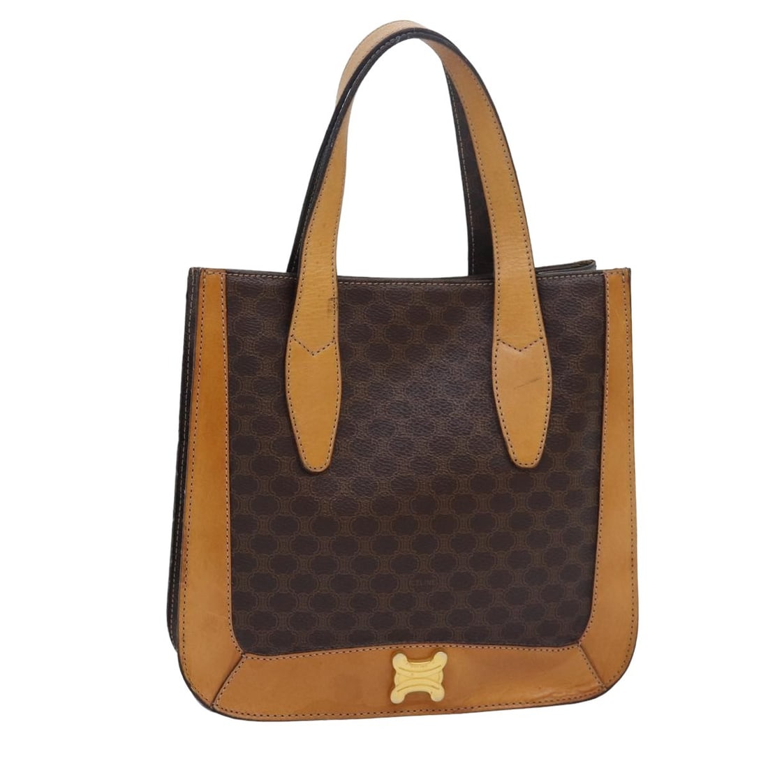 CELINE Macadam Canvas Brown PVC Leather Handbag Italy: CELINE Macadam Canvas Brown PVC Leather Handbag Italy This CELINE Macadam Canvas hand bag features a brown PVC leather exterior with the brand's signature Macadam pattern. Designed for women, it offer
