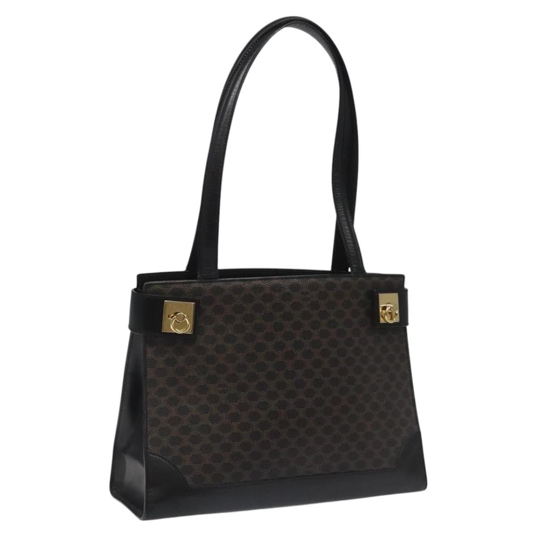 Celine Macadam Black PVC Leather Shoulder Bag with Gold Accents: Celine Macadam Black PVC Leather Shoulder Bag with Gold Accents This CELINE Macadam Canvas shoulder bag features black PVC leather and signature Macadam canvas in a classic design. The bag is tailored
