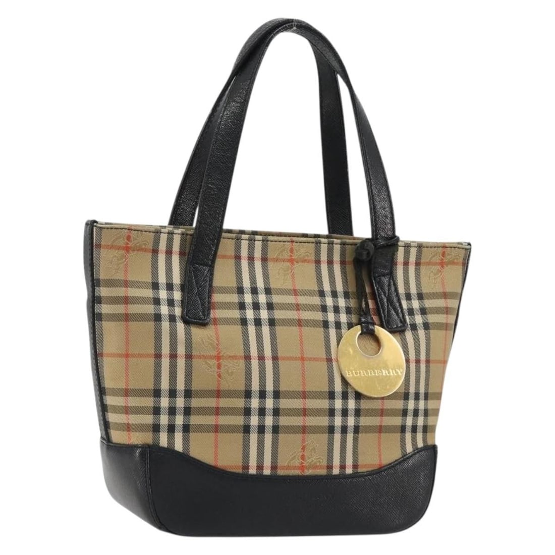 BURBERRY Nova Check Canvas Handbag Beige Gold Tone Charm: BURBERRY Nova Check Canvas Handbag Beige Gold Tone Charm Burberry Nova Check hand bag in beige canvas with gold-tone accents. This heavily used bag includes a charm and shows visible wear throughout, 