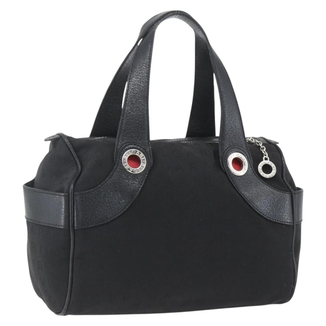 BVLGARI Logo Mania black and silver canvas handbag from Italy: BVLGARI Logo Mania black and silver canvas handbag from Italy This BVLGARI Logo Mania handbag features a black and silver canvas exterior with silver-tone metal fittings. The bag is designed with a