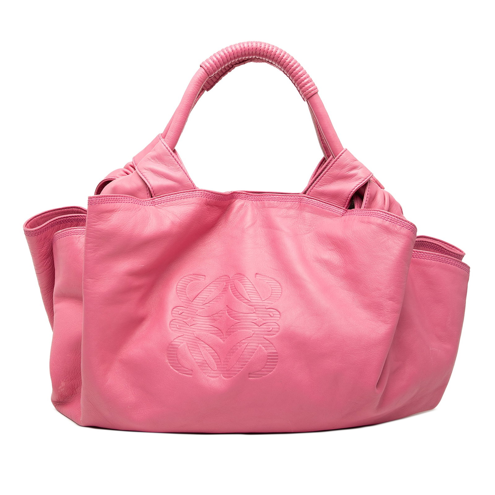 LOEWE Nappa Aire Pink Leather Tote Bag: LOEWE Nappa Aire Pink Leather Tote Bag This Loewe Nappa Aire bag features a pink nappa leather body with rolled leather handles. It has an open top with a magnetic closure and includes interior zip an