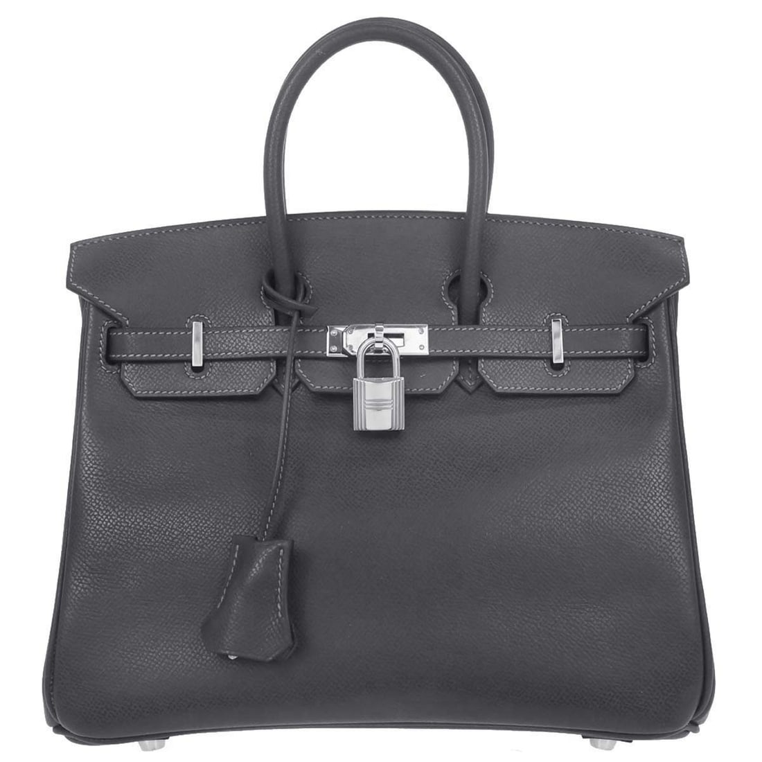Hermes Birkin 25 Graphite Epsom Leather Top Handle Bag: Hermes Birkin 25 Graphite Epsom Leather Top Handle Bag Hermes Birkin 25 handbag in graphite Epsom leather with a flap turnlock closure and double handles. This top handle bag is made in France and fea