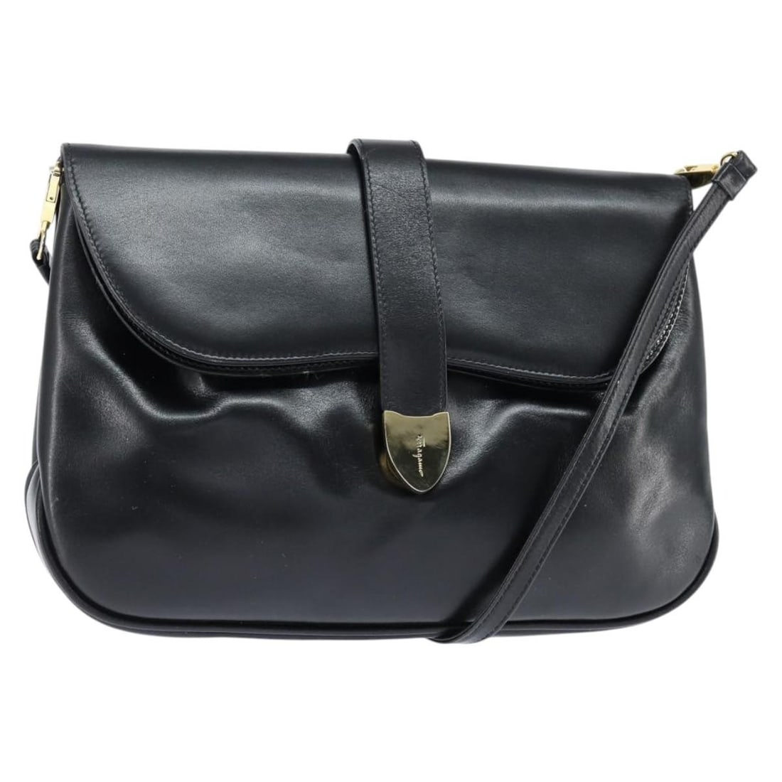 Salvatore Ferragamo Black Gold Leather Shoulder Bag Auth 149194: Salvatore Ferragamo Black Gold Leather Shoulder Bag Auth 149194 This elegant Salvatore Ferragamo shoulder bag is crafted from high-quality black leather with gold accents, showcasing a sophisticated d