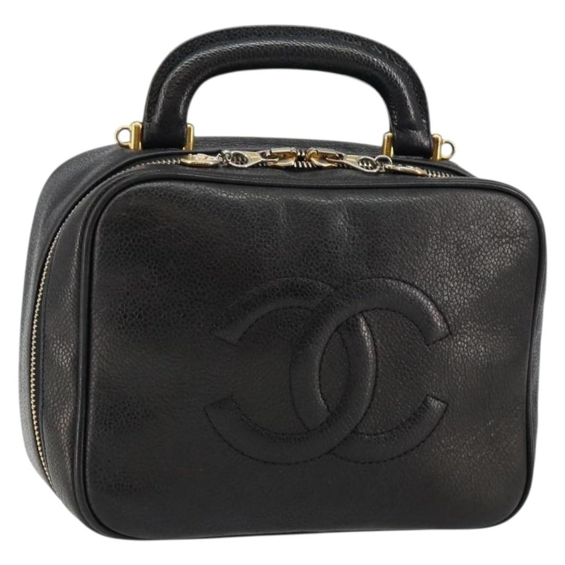 CHANEL Coco Mark Vanity Pouch Black Gold Leather Auth: CHANEL Coco Mark Vanity Pouch Black Gold Leather Auth This CHANEL COCO Mark Vanity Pouch is a stylish hand bag crafted from grained calfskin leather in a striking black and gold color combination. Des