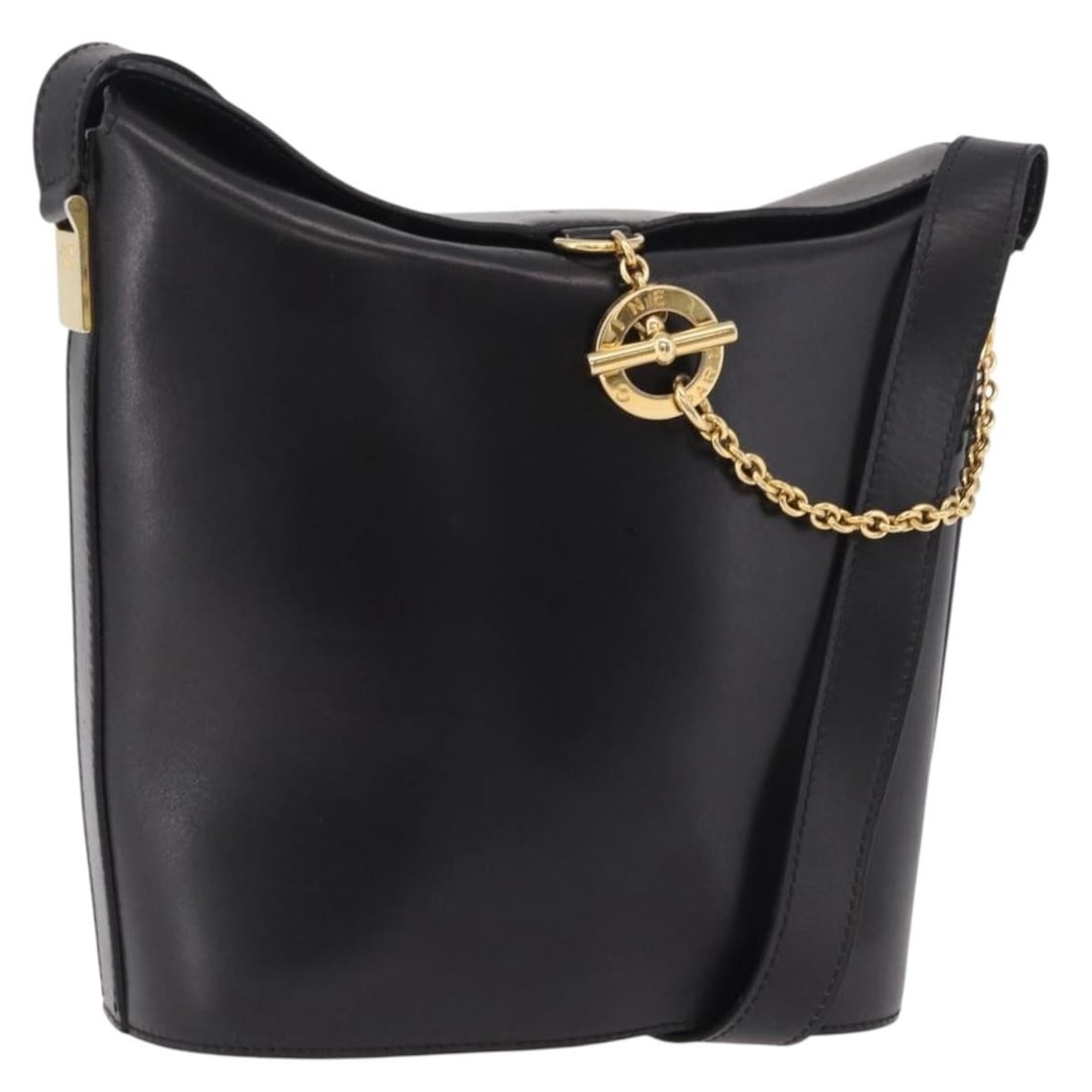 CELINE Black Leather Shoulder Bag Gold Tone Hardware: CELINE Black Leather Shoulder Bag Gold Tone Hardware Celine shoulder bag in black leather with gold-tone accents, made in Italy. This women's bag includes an adjustable shoulder strap and is offered w