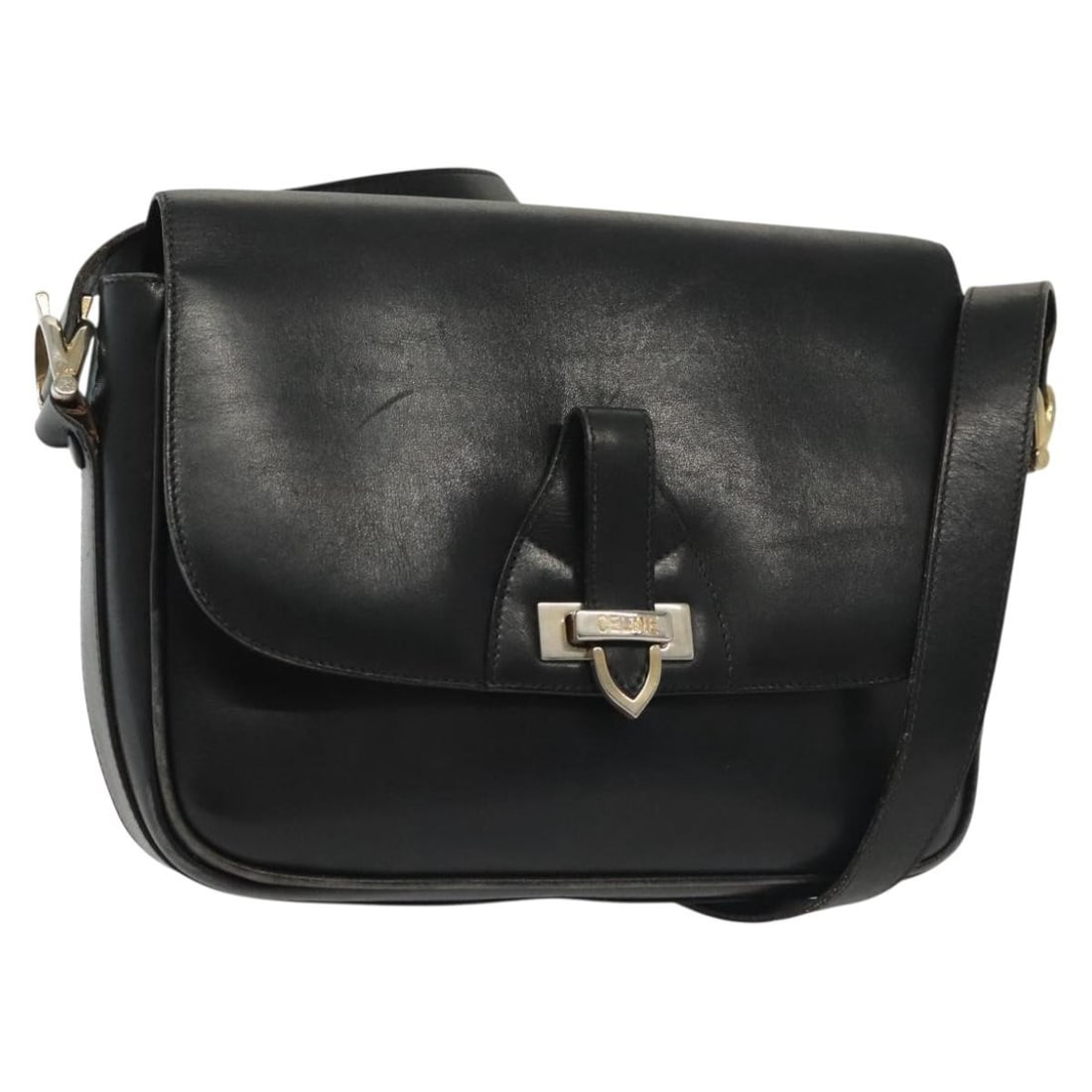 CELINE Navy Gold Leather Shoulder Bag Made in Italy: CELINE Navy Gold Leather Shoulder Bag Made in Italy This CELINE Shoulder Bag showcases a classic design crafted from luxurious leather in a sophisticated navy and gold color combination. Designed for 