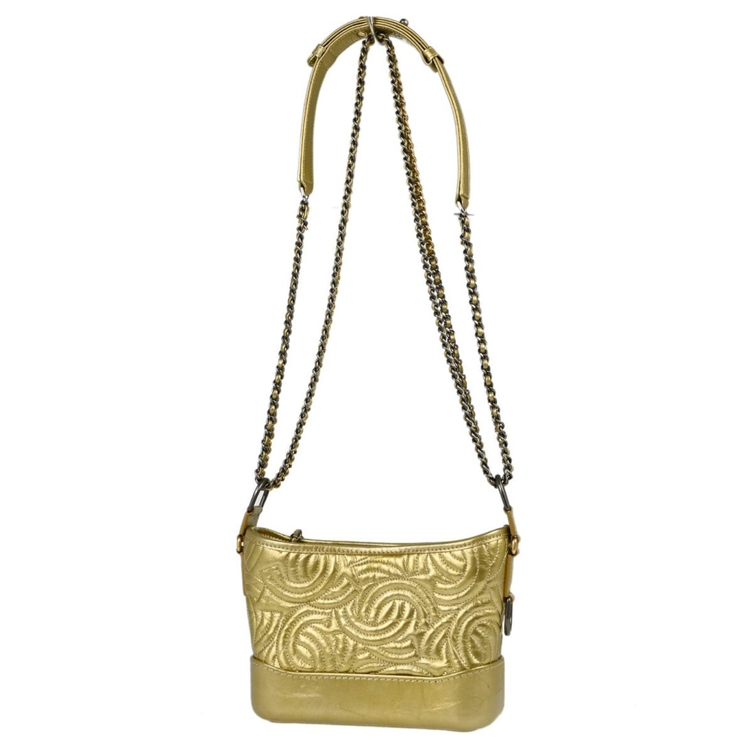 CHANEL Gabrielle Small Shoulder Bag Gold Calfskin Leather: CHANEL Gabrielle Small Shoulder Bag Gold Calfskin Leather Chanel Small Gabrielle shoulder bag in gold calfskin and lambskin with a zip closure and nylon lining. Made in Italy, this women's bag feature