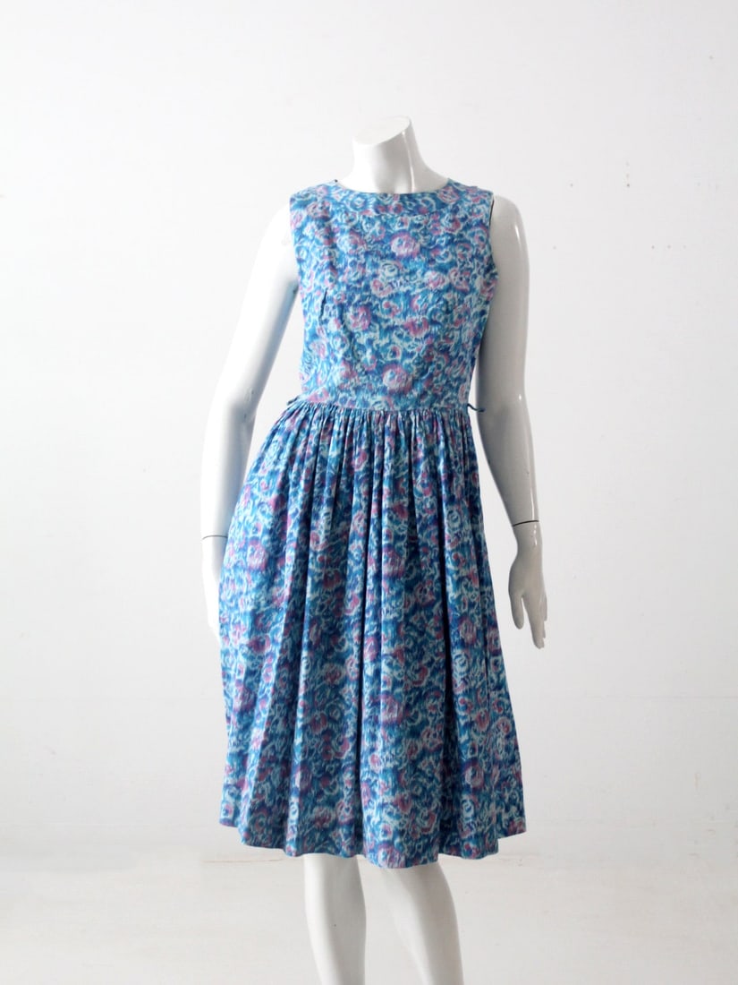 1950s Carol Rodgers Blue Pink Floral Dress with Bow (1 of 11)