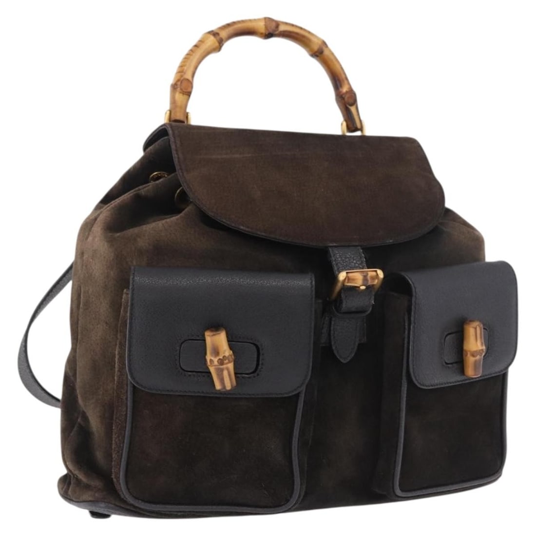Gucci 003 2058 0016 Bamboo Suede Backpack Navy Gold: Gucci 003 2058 0016 Bamboo Suede Backpack Navy Gold Vintage Gucci bamboo backpack in navy suede with gold-tone accents. Made in Italy, this women's backpack shows heavy use with visible wear throughou