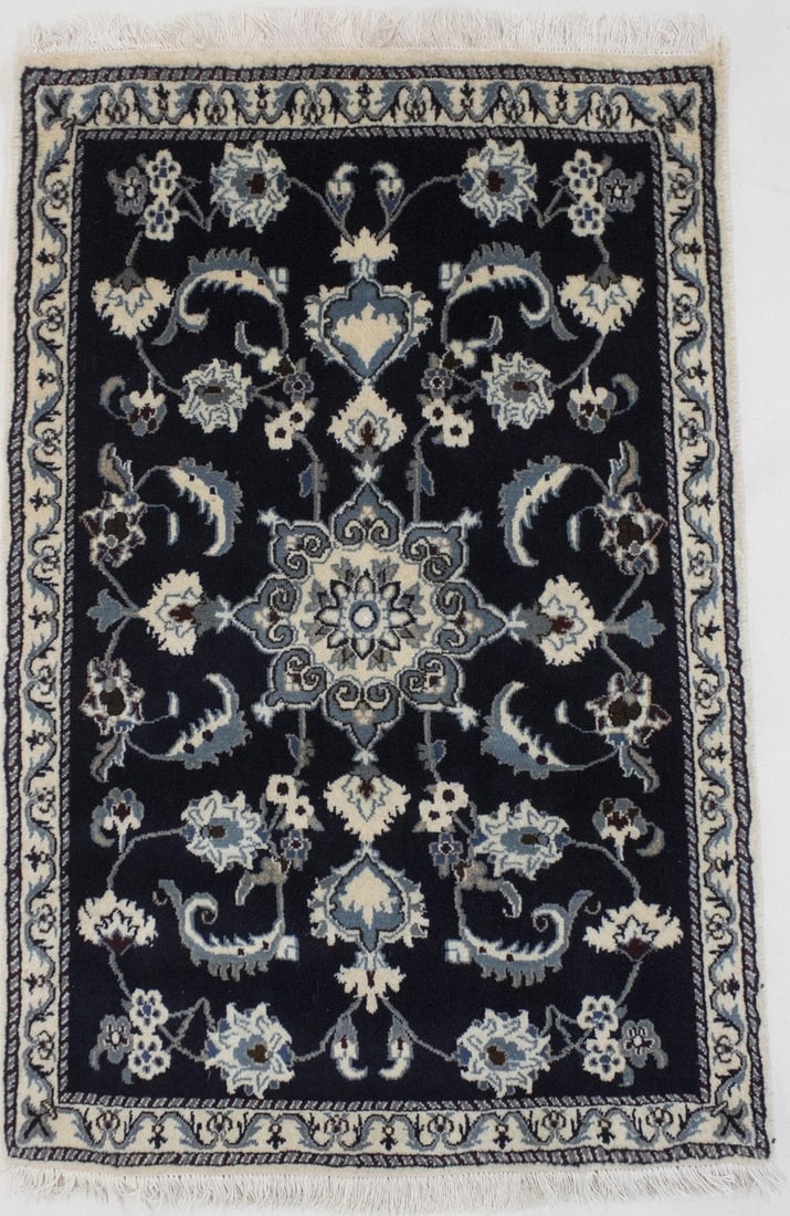 2'9 x 4'5 Wool Floral Hand-Knotted Oriental Area Rug Navy Blue: 2'9 x 4'5 Wool Floral Hand-Knotted Oriental Area Rug Navy Blue This hand-knotted area rug features a classic floral pattern in navy blue, cream, brown, burgundy, and steel gray tones. Crafted from woo